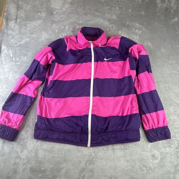Nike Windbreaker Jacket Womens L Pink Purple Stripe Hooded Reversible Mesh - Picture 15 of 15